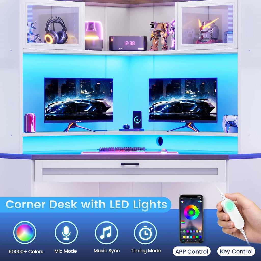 SEDETA 31.5" Corner Desk with Drawers, Small Office Computer Desk with Storage Shelves & Hutch for Small Space, Gaming Desk with LED Lights & Power Strip for Home Office, White + Brown