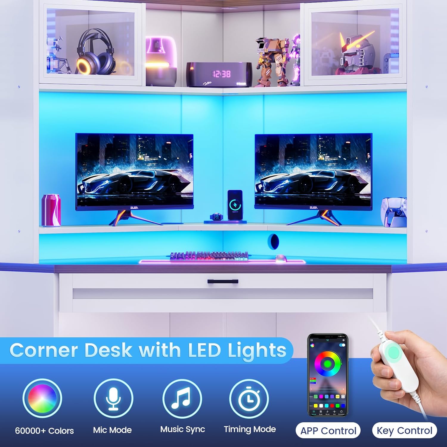 SEDETA 31.5" Corner Desk with Drawers, Small Office Computer Desk with Storage Shelves & Hutch for Small Space, Gaming Desk with LED Lights & Power Strip for Home Office, White + Brown