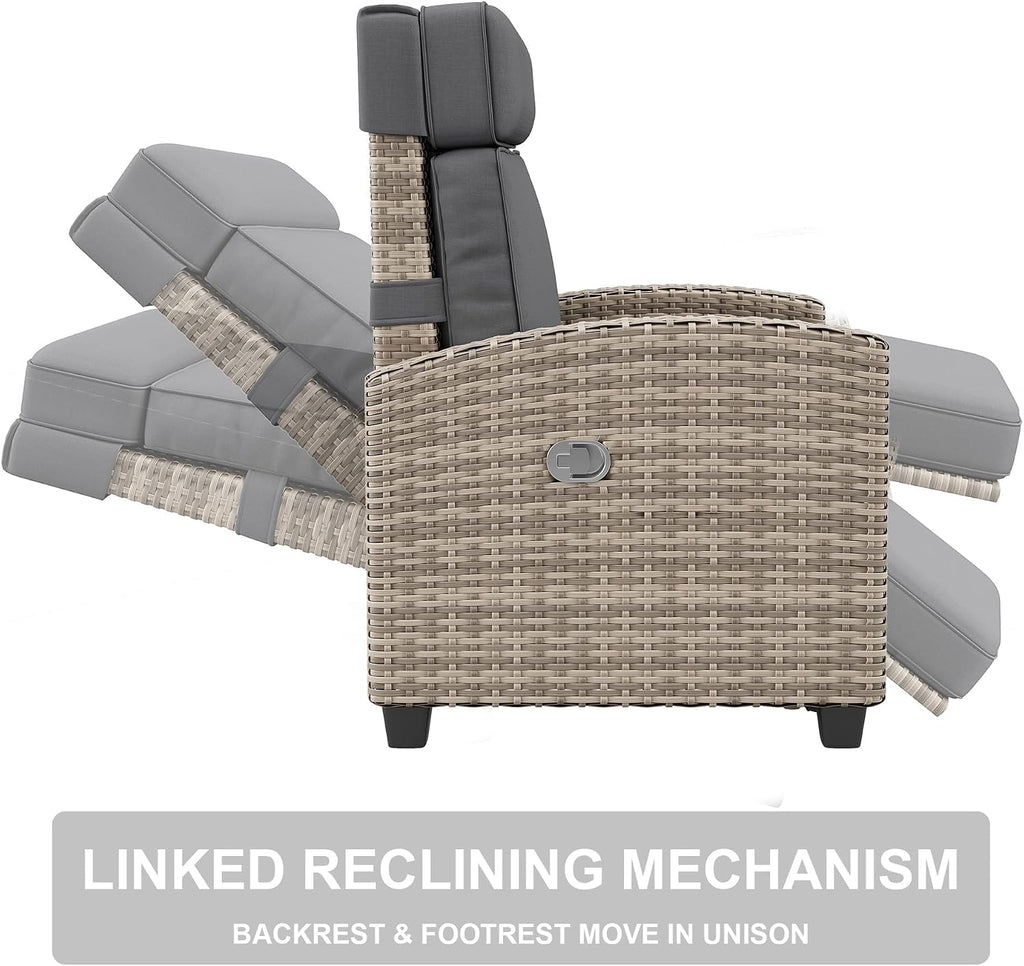 GarveeLife Outdoor Recliner Chair, PE Wicker Lounge Chair with Adjustable 145° Lay-Flat Backrest, Independent Footrest & Side Table, Plush Cushion for Patio, Poolside, Backyard in Brown