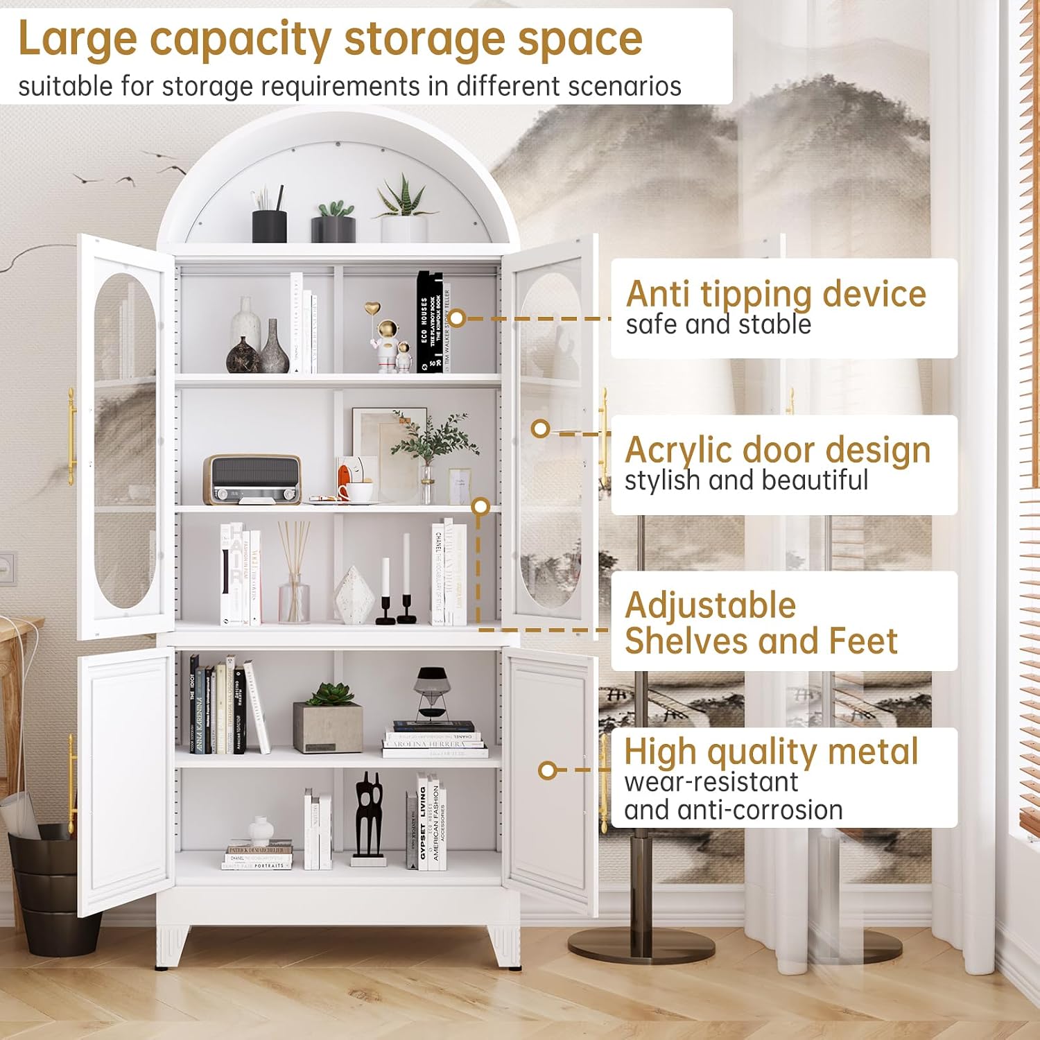 PAOFIN 73" Metal Tall Arched Kitchen Pantry Cabinet, Modern Farmhouse Kitchen Storage Cabinet with 3 Adjustable Shelves, White