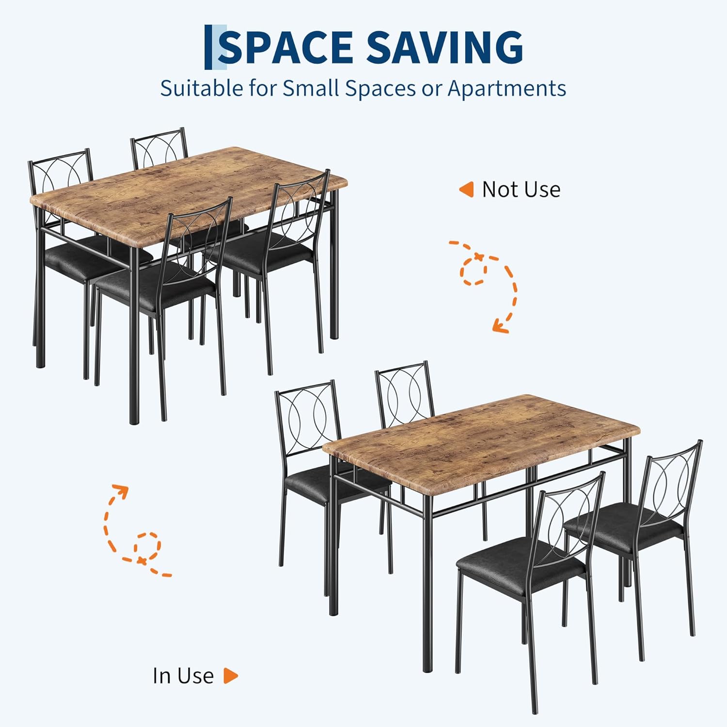 IDEALHOUSE Space-Saving 5-Piece Dining Table Set for 4 – Farmhouse Wooden Kitchen & Dining Room Furniture with Upholstered Chairs – Compact Breakfast Nook, Vintage Color
