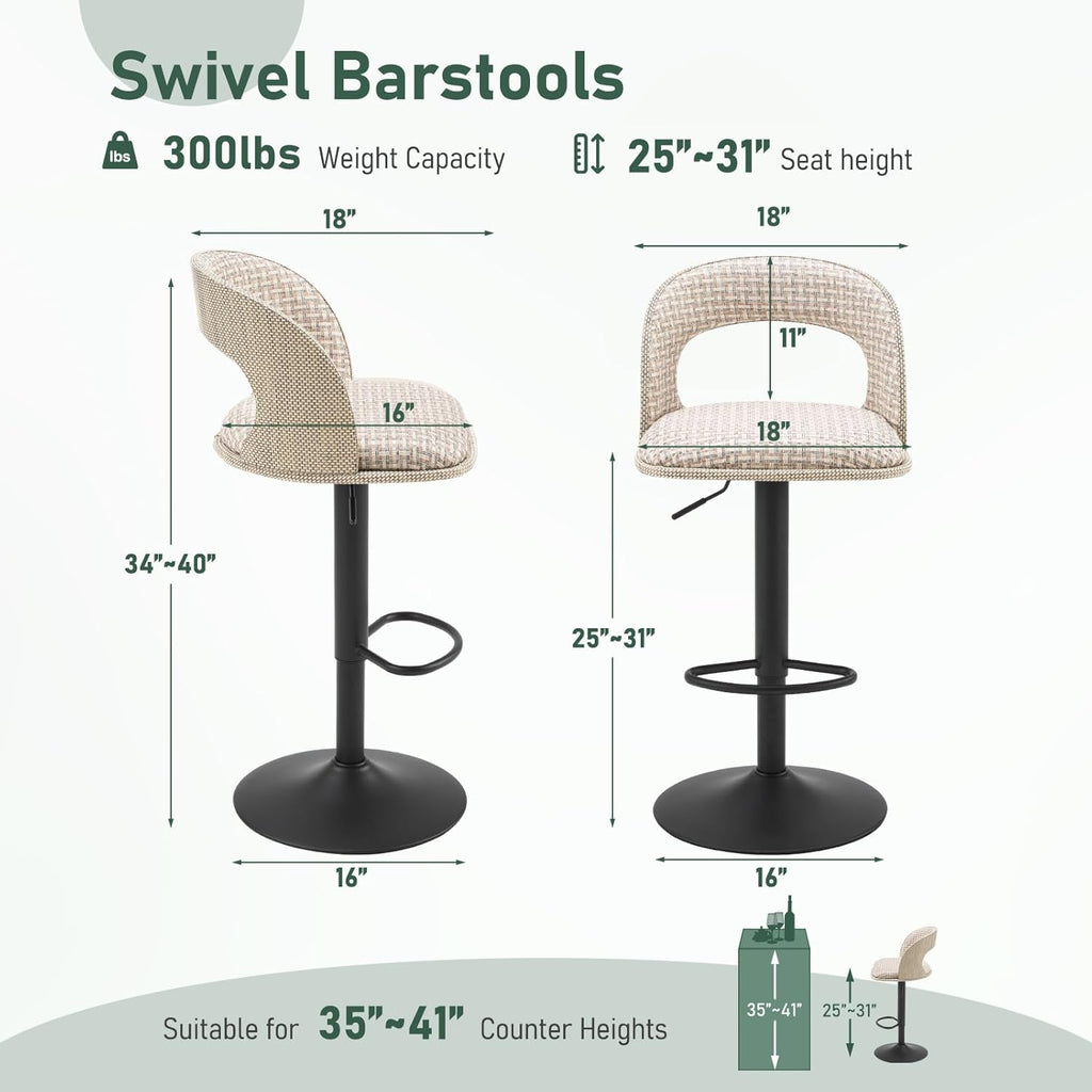 Furnimart Outdoor Bar Stools Set of 2 with Covers Waterproof, Adjustable Patio Stools with Hollow Back, Counter Height Swivel Chairs for Garden, Yard, All-Weather Textilene Fabric, Linen Plaid