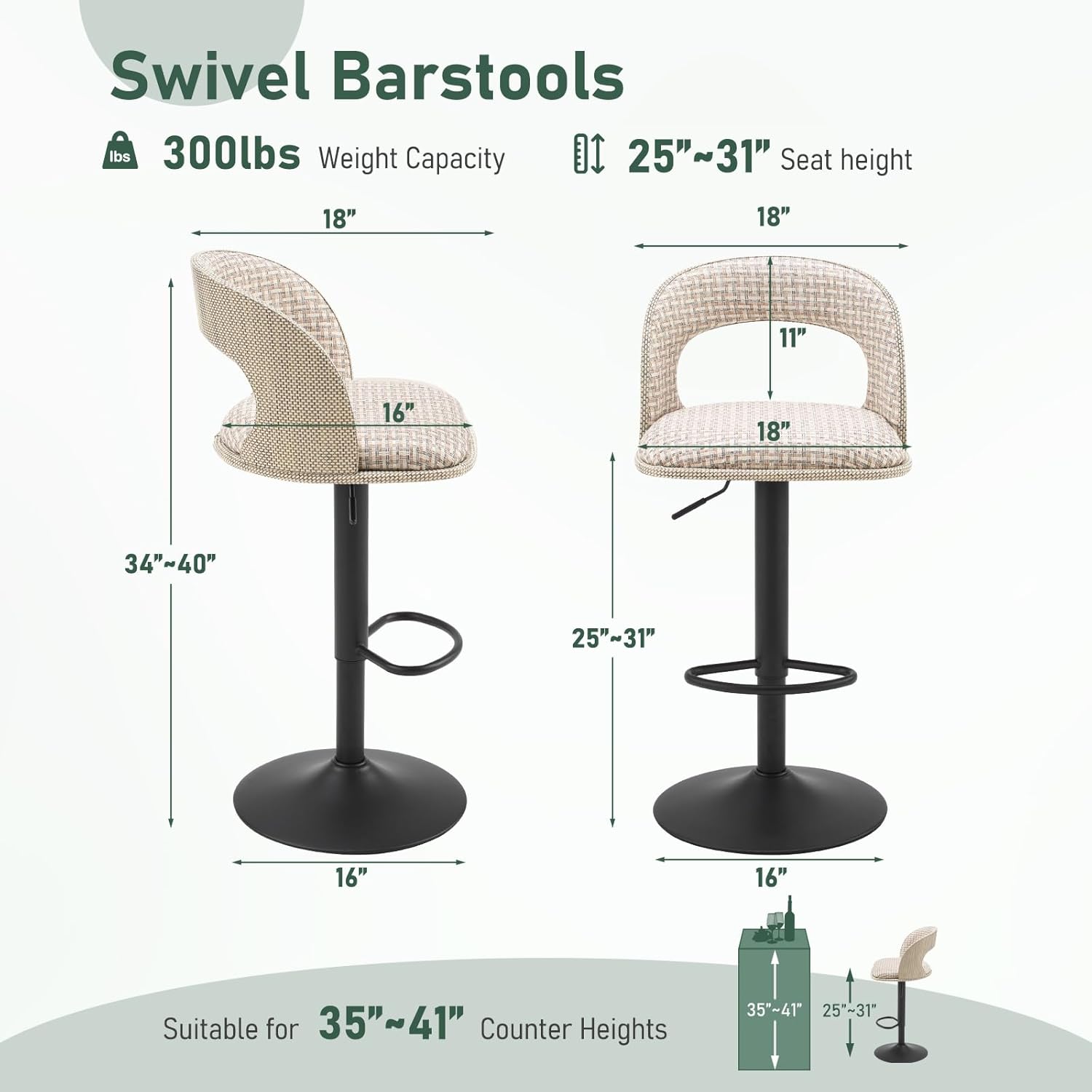 Furnimart Outdoor Bar Stools Set of 2 with Covers Waterproof, Adjustable Patio Stools with Hollow Back, Counter Height Swivel Chairs for Garden, Yard, All-Weather Textilene Fabric, Linen Plaid