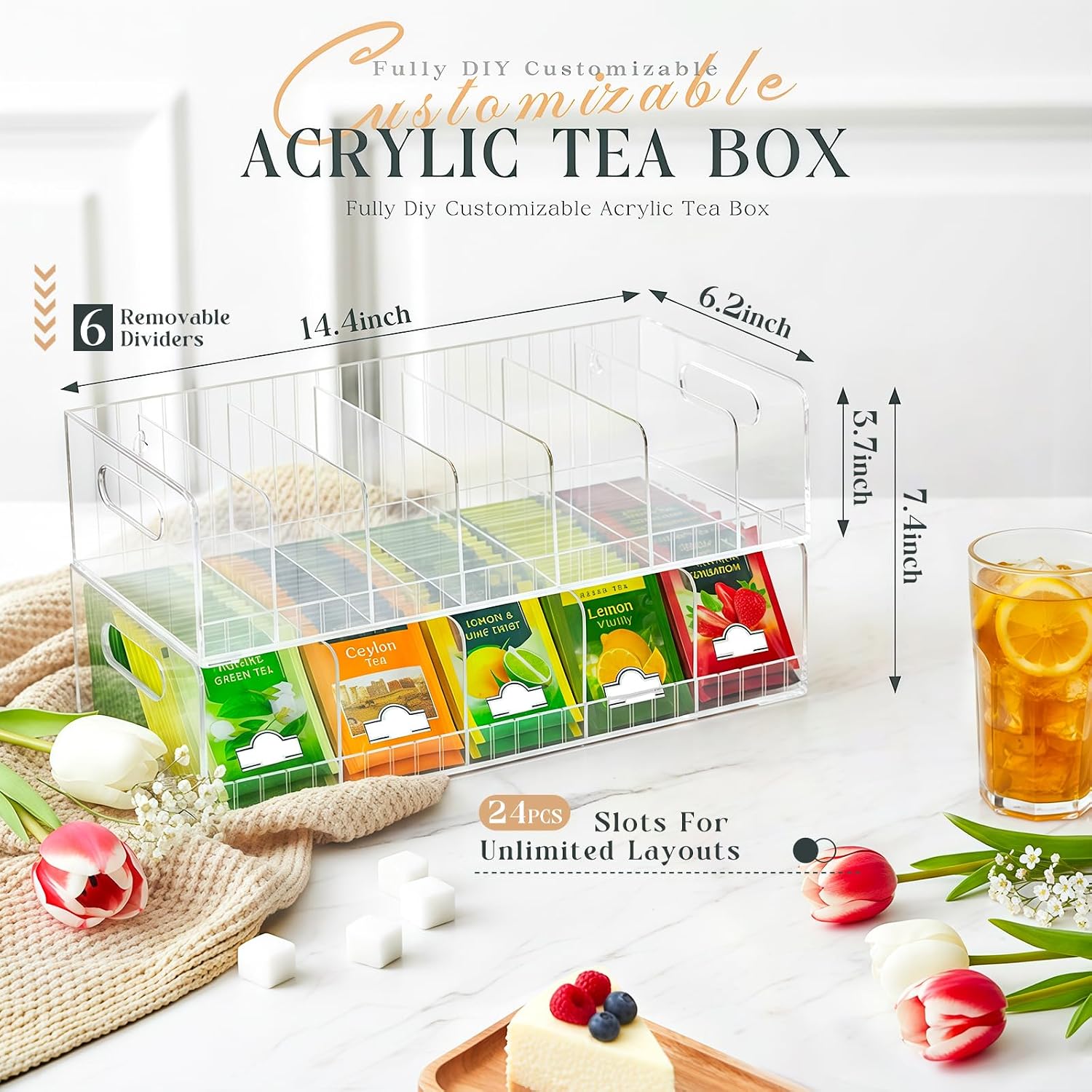 Acrylic Tea Bag Organizer with Adjustable Dividers, 2 Tier Tea Bag Holder Stackable & Wall Mount Storage Box, Custom Compartments Fit All Size Tea Bags for Drawer, Cabinet, Countertop Organization