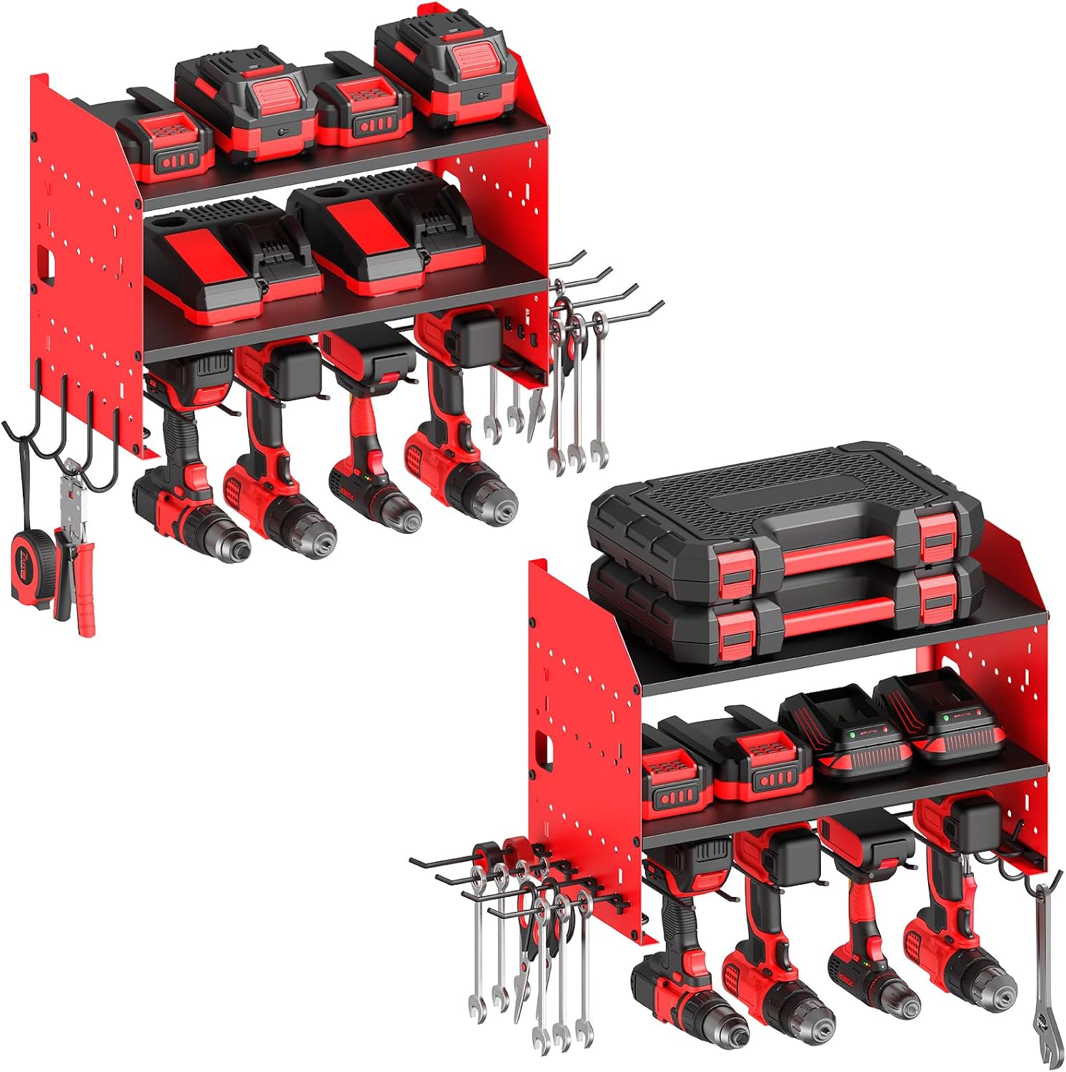 CCCEI Pack of 2 Modular Power Tools Organizer, Drills and Battery Storage Wall Mount, Garage Shop Organization, Anniversary, Birthday, Gifts for Men, Father, Red.