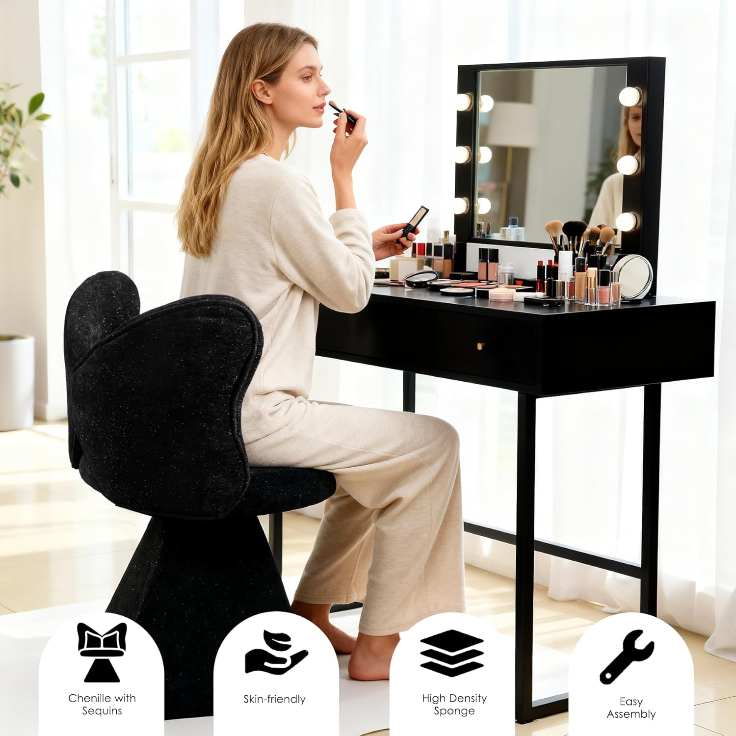 Velvet Swivel Vanity Chair with Butterfly Back, Makeup Stool for Bedroom Dressing Table, Modern Accent Chair for Living Room, Dining Room, Study, Home Office (Black)