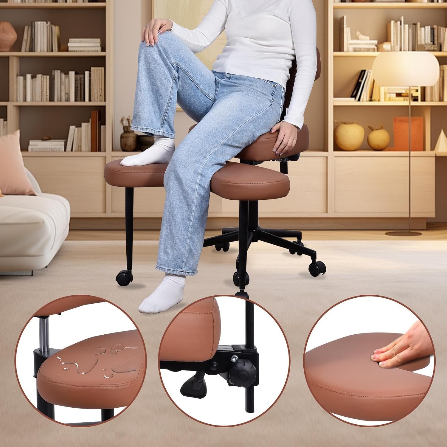 Ergonomic Criss Cross Chair for ADHD, Height Adjustable 47.5-59cm, Dual-Layer Cushion Converts to Regular Seat, PU Leather, Wheels, Adjustable Backrest 90-120°, Perfect for Home Office Meditation