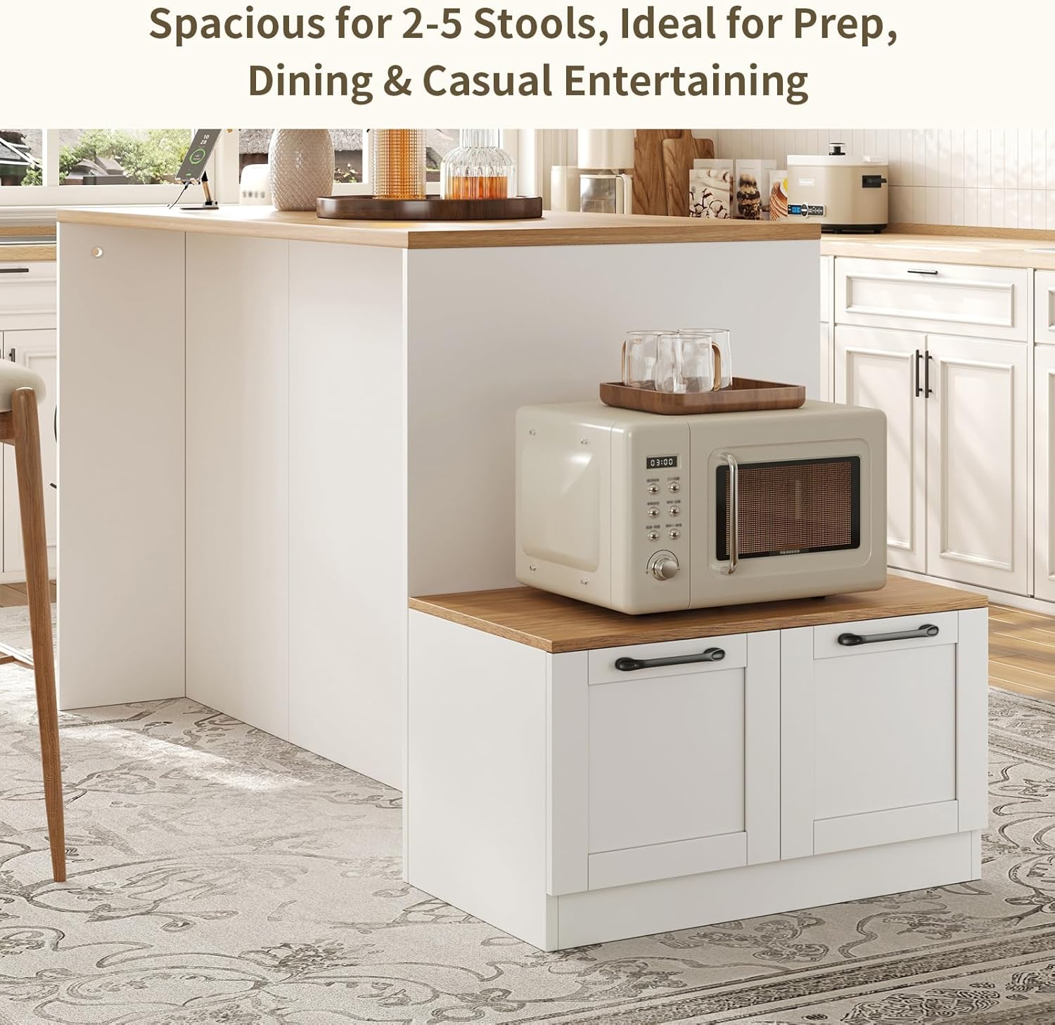 70.8" Farmhouse Kitchen Island with Charging Station, 3 Drawers & Cabinets, Large Small Combo Buffet Table with Adjustable Shelves, Butcher Block Countertop, Kitchen Dining Room, White
