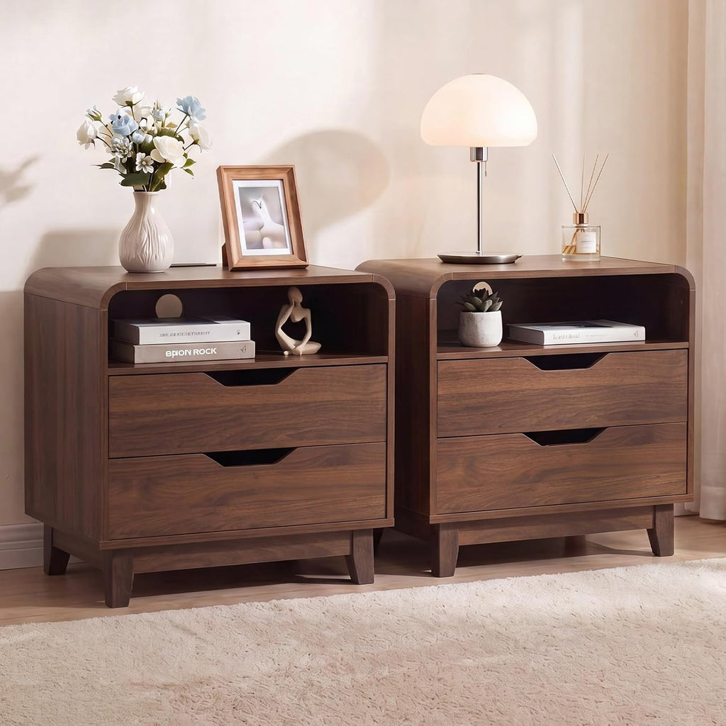 Nightstands Set of 2 with Charging Station, Mid Century Modern Night Stands with LED Light, 23.6" Wide Wood Bed Side Tables Bedroom, Large Bedside Table, Curved End Table with 2 Drawers| Walnut