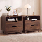 Nightstands Set of 2 with Charging Station, Mid Century Modern Night Stands with LED Light, 23.6" Wide Wood Bed Side Tables Bedroom, Large Bedside Table, Curved End Table with 2 Drawers| Walnut