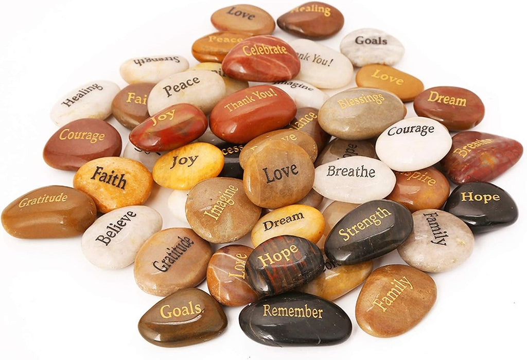 ROCKIMPACT 50PCS Engraved Rocks Different Words Inspirational Stones Bulk Faith Stones Zen Stones Gratitude Rocks Healing Prayer Stones Encouragement Rocks, 2"-3" Each