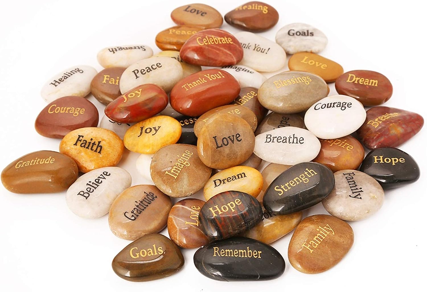 ROCKIMPACT 50PCS Engraved Rocks Different Words Inspirational Stones Bulk Faith Stones Zen Stones Gratitude Rocks Healing Prayer Stones Encouragement Rocks, 2"-3" Each