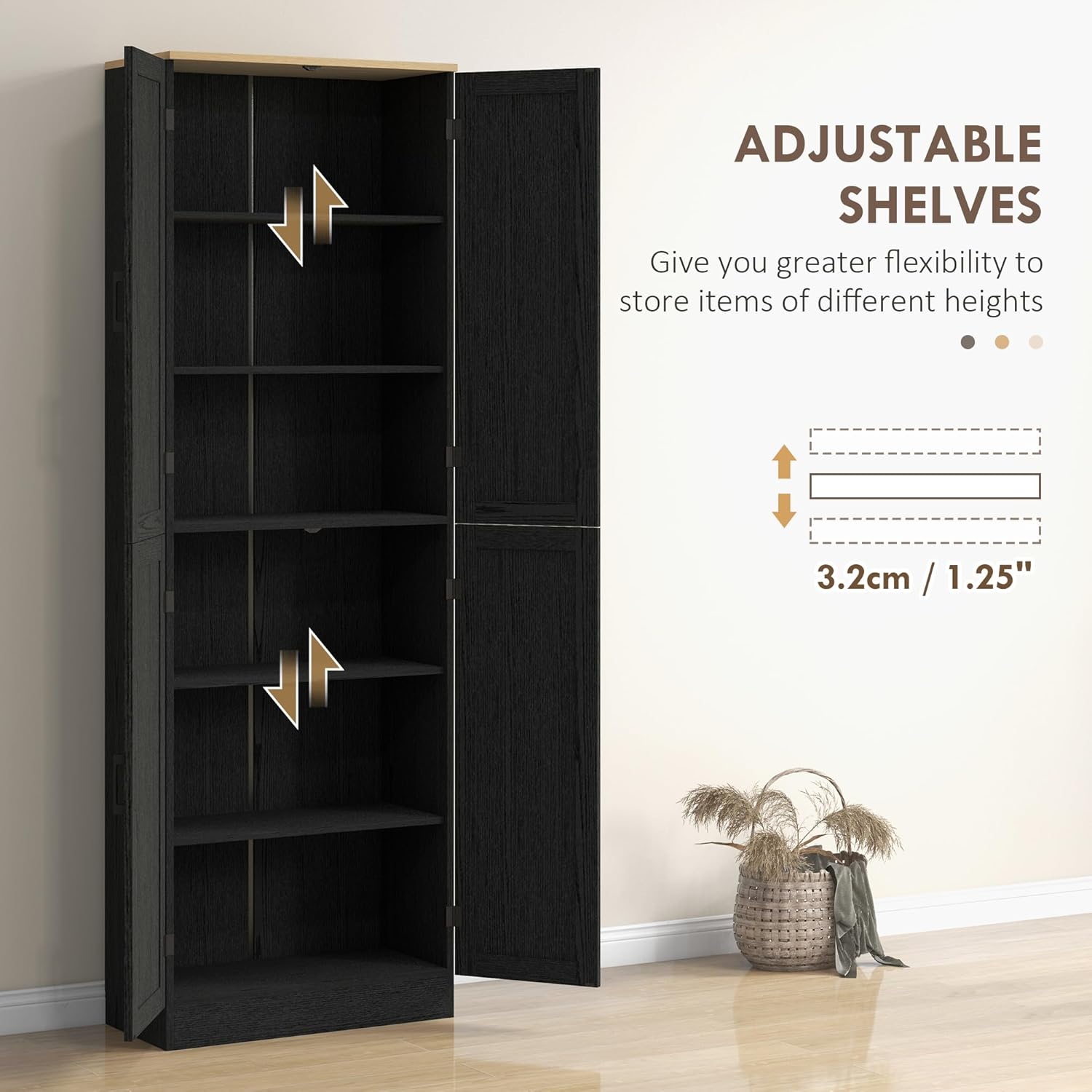 HOMCOM 67" Freestanding Kitchen Pantry, 4-Door Storage Cabinet Organizer with Adjustable Shelves, Kitchen Cabinet with Doors, Distressed Black
