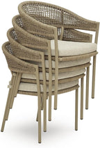 Signature Design by Ashley Ocean Park Set of 4 Outdoor Chairs with Cushions, Stackable, Rope Back, Powder Coated Aluminum Frame, Performance Fabric, Beige
