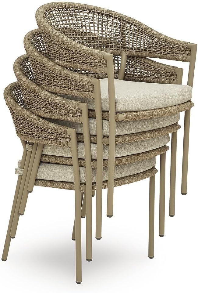 Signature Design by Ashley Ocean Park Set of 4 Outdoor Chairs with Cushions, Stackable, Rope Back, Powder Coated Aluminum Frame, Performance Fabric, Beige