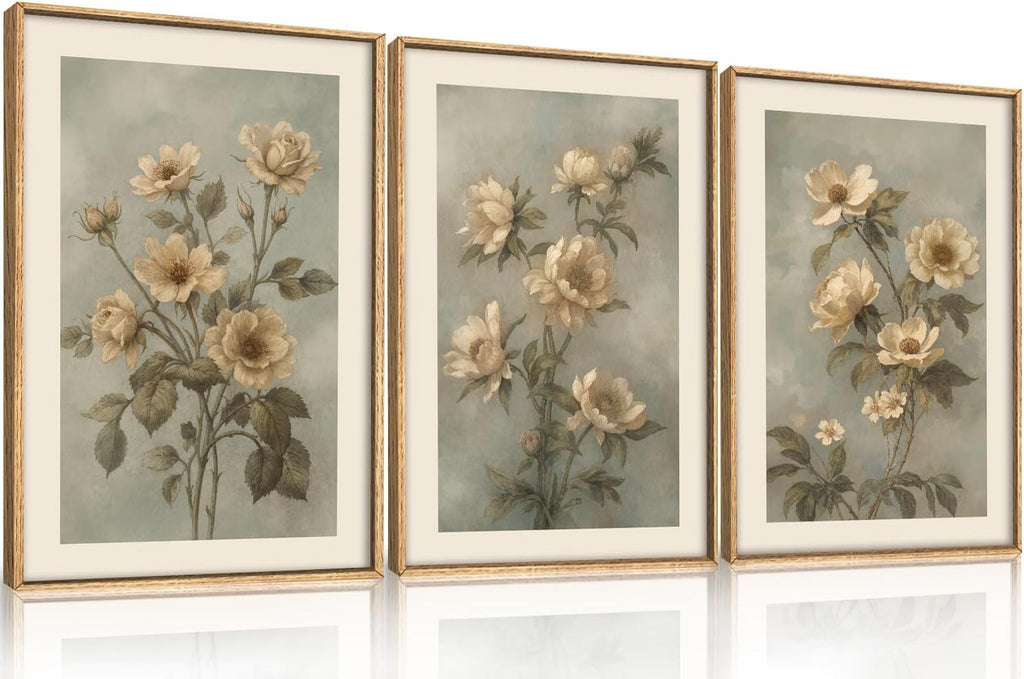 KAIRNE Vintage Botanical Flower Framed Canvas Wall Art Set,Boho Green Beige Floral Wall Decor,Rustic Wildflower Art Prints,Modern Minimalist Artwork for Living Room,Bedroom,Farmhouse,Office-24 x36 x3