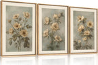 KAIRNE Vintage Botanical Flower Framed Canvas Wall Art Set,Boho Green Beige Floral Wall Decor,Rustic Wildflower Art Prints,Modern Minimalist Artwork for Living Room,Bedroom,Farmhouse,Office-24 x36 x3