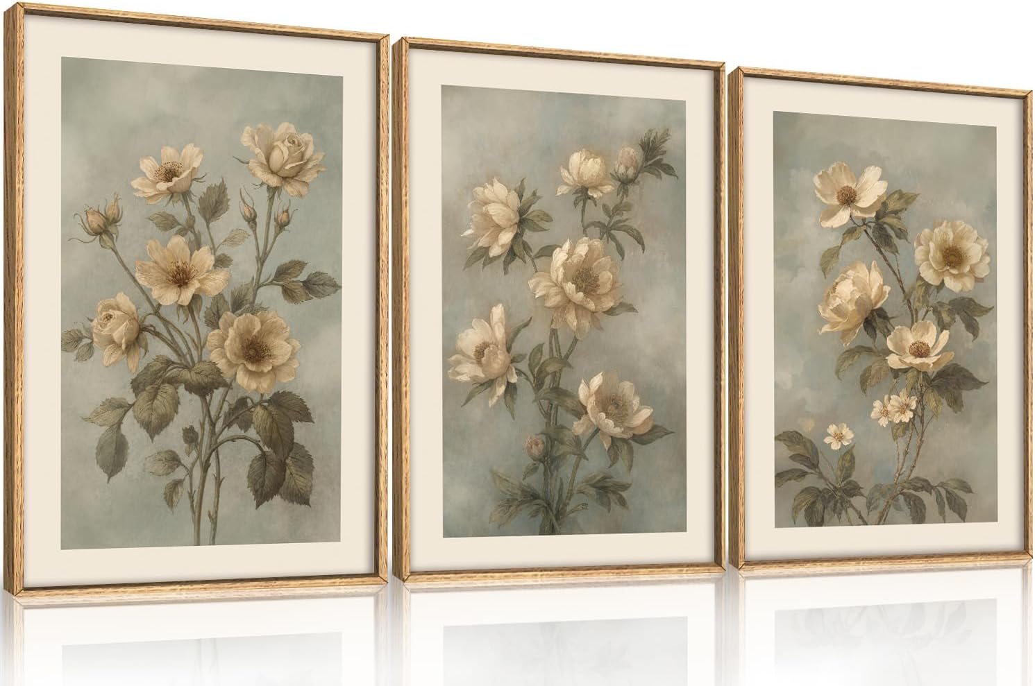 KAIRNE Vintage Botanical Flower Framed Canvas Wall Art Set,Boho Green Beige Floral Wall Decor,Rustic Wildflower Art Prints,Modern Minimalist Artwork for Living Room,Bedroom,Farmhouse,Office-24 x36 x3