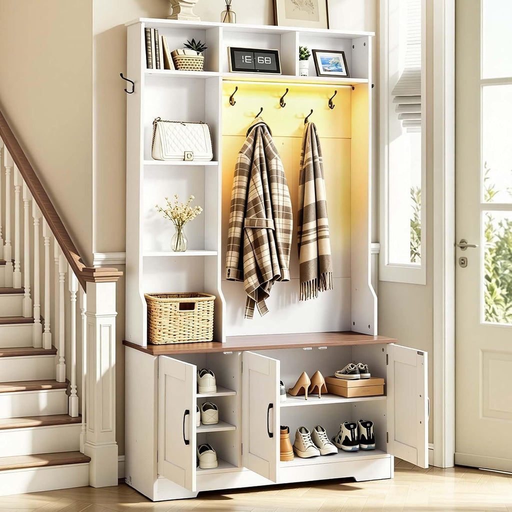 VEVOR Hall Tree with Bench and Shoe Storage, 39" Wide, Entryway Hall Tree with Bench, Hanging Hooks, Storage Shelves, Adjustable Shoe Shelves, LED Light, Wooden, for Mudroom, Entryway, Hallway, White