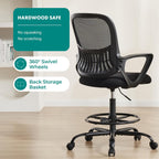 DUMOS Drafting Chair - Counter Height Adjustable Tall Office Desk Chair with Fixed Armrests and Comfortable Lumbar Support for Standing Desk, for Bedroom Livingroom, Black