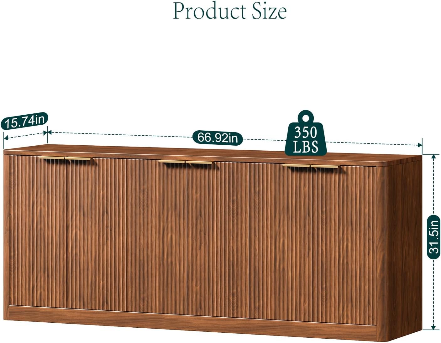 Evermagin 67" Fluted Walnut Buffet Cabinet Sideboard with Storage, Large Credenza with 6 Doors, Wood Mid Century Modern Sideboard for Kitchen and Living Room (67" W*31.5" H*15.7" D)