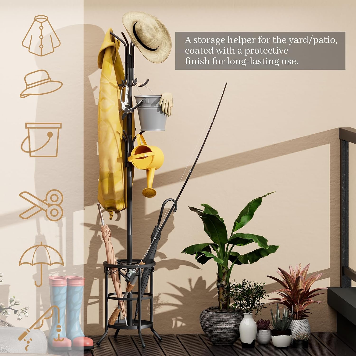 Coat Rack Freestanding with Umbrella Holder – Metal Hanger Stand, Hall Tree with 12 Hooks, Entryway Organizer for Hats, Bags, and Clothes (Black)