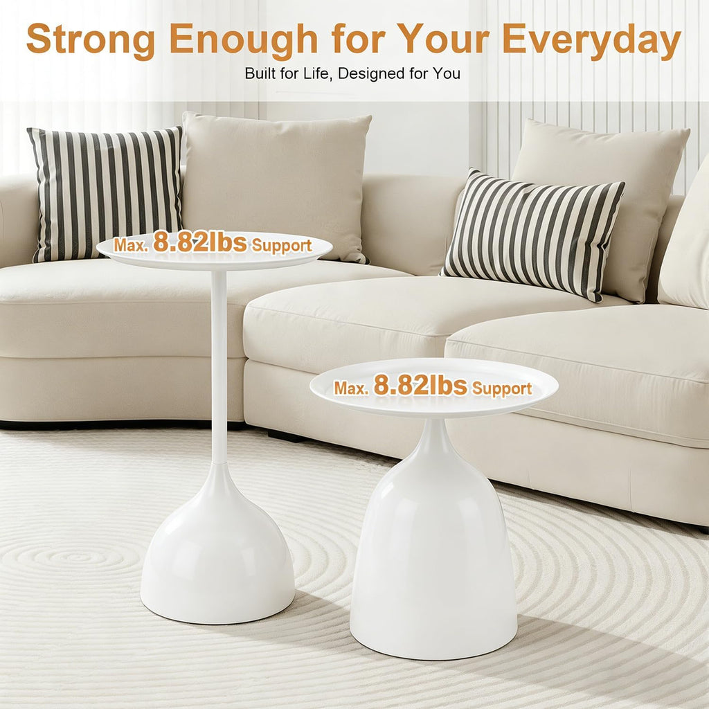 Modern Round Side Table Set of 2, Metal Nesting End Tables White/Black Minimalist Accent Tables Pedestal Coffee Table for Living Room Bedroom Office (White)