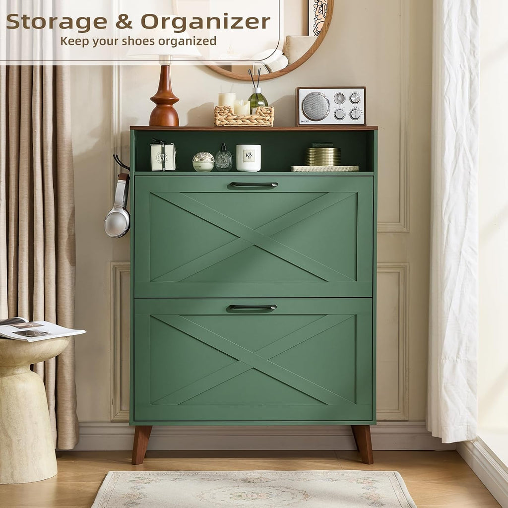 Joaxswe Shoe Cabinet Storage for Entryway with 2 Flip Drawers 2 Hook Open Storage Layer Rack Narrow Organizer Slim Hidden Wood Shoe Cabinet Furniture Dark Green