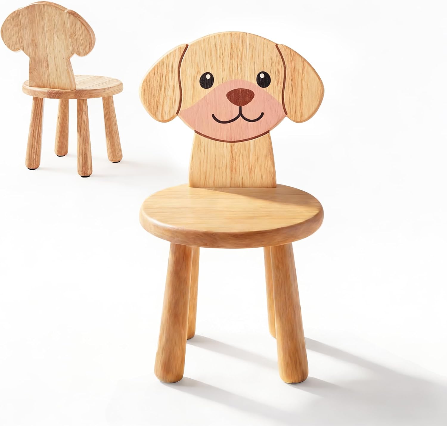 Wooden Step Stool for Toddlers, 2-in-1 Kids Stool & Chair with Cartoon Puppy Design, Solid Rubberwood, Non-Toxic Wood Wax Oil, CPC Certified 250 lbs Capacity, for Classroom Playroom Nursery (Natural)