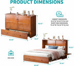 BALUS Queen Murphy Bed with Tri-Fold Memory Foam Mattress, Built-in USB Charging Ports & Bedside Panel, Wood Hidden Wall Beds, Modern Murphy Beds Cabinet Beds for Bedroom/Living Room, Cherry