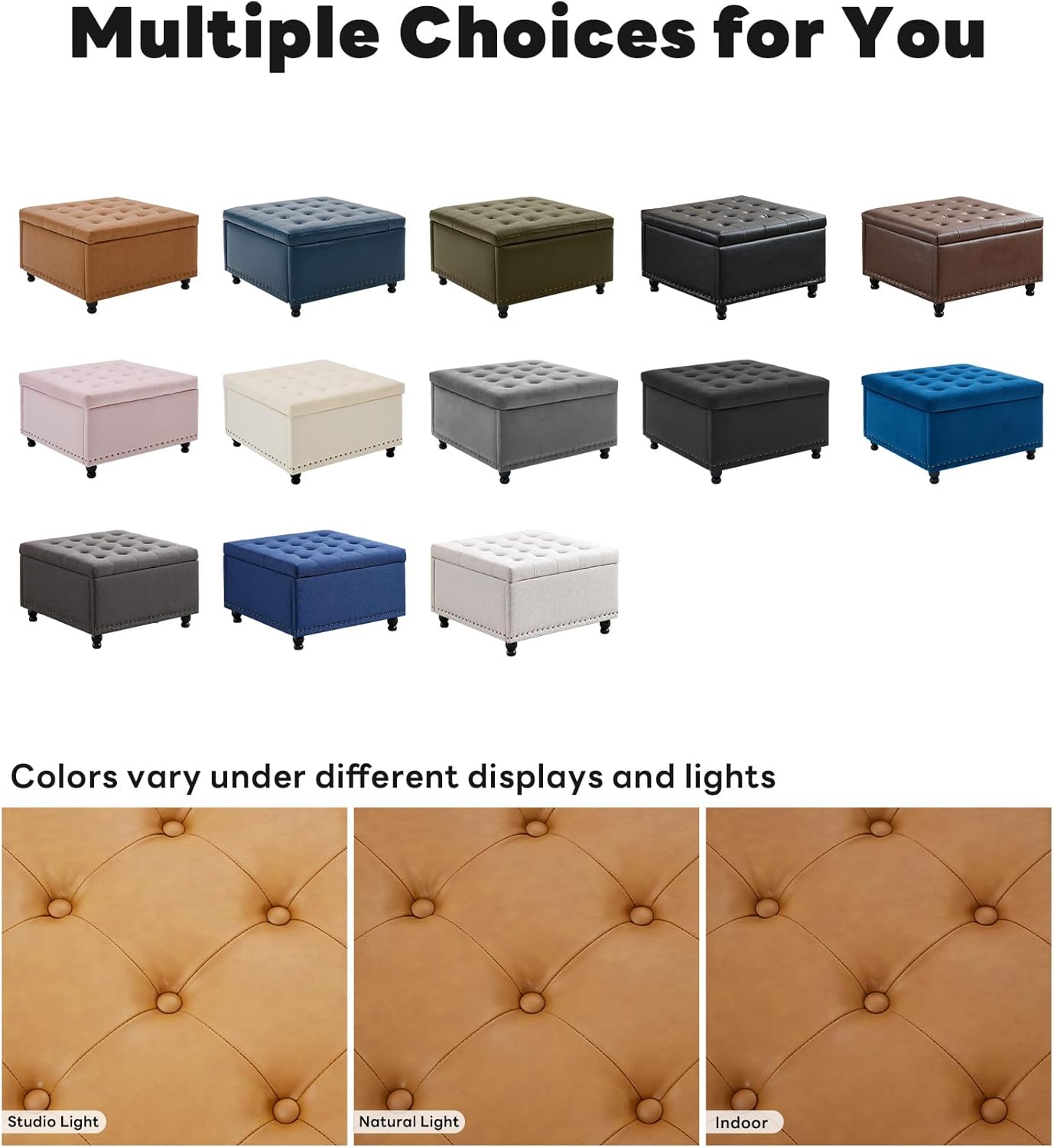 Tbfit Large Square Storage Ottoman Bench, Button Tufted Upholstered Coffee Table Ottoman with Wooden Legs, Oversized Storage Ottomans Toy Box Footrest for Living Room, Camel PU