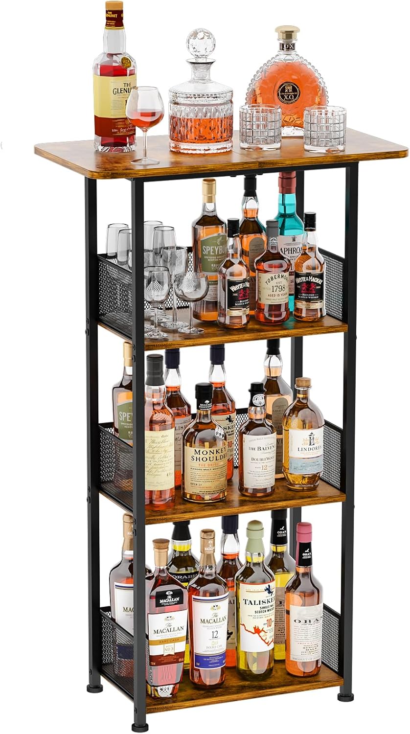 Eyteenokk Wine Rack Freestanding Floor:4 Tier Whiskey Wine Rack Mini Bar Cart,Liquor Cabinet-Home Bar for Bottles,Cocktail Shaker,Mugs-(23.6 * 11.8 * 40inch)