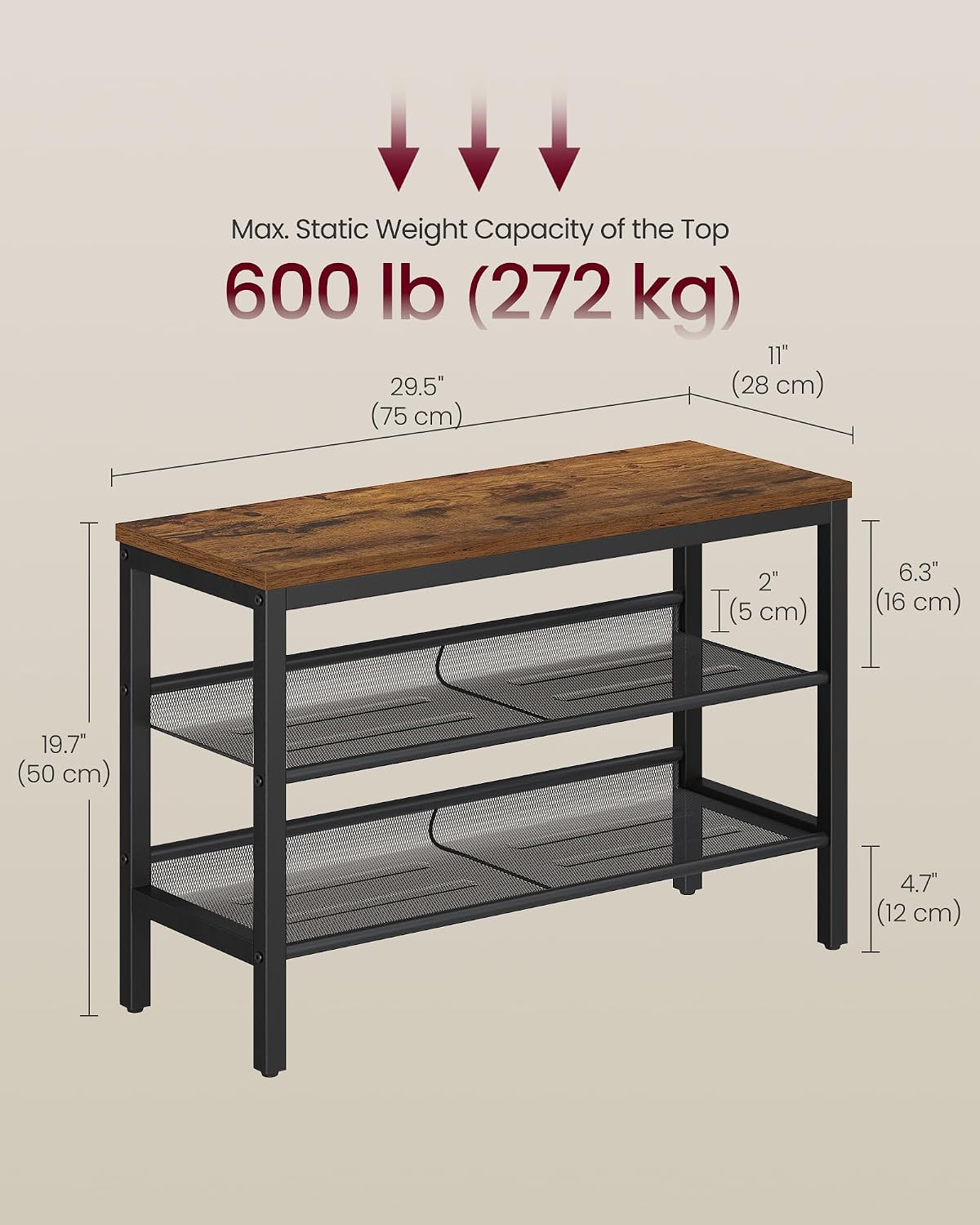 VASAGLE 3 Tier Shoe Rack Bench, One Piece Shelves, Shoe Storage Organizer with Raised Edges, Industrial Style, Easy Assembly, 11 x 29.5 x 19.7 Inches, Rustic Brown and Matte Black ULSB070KD01S