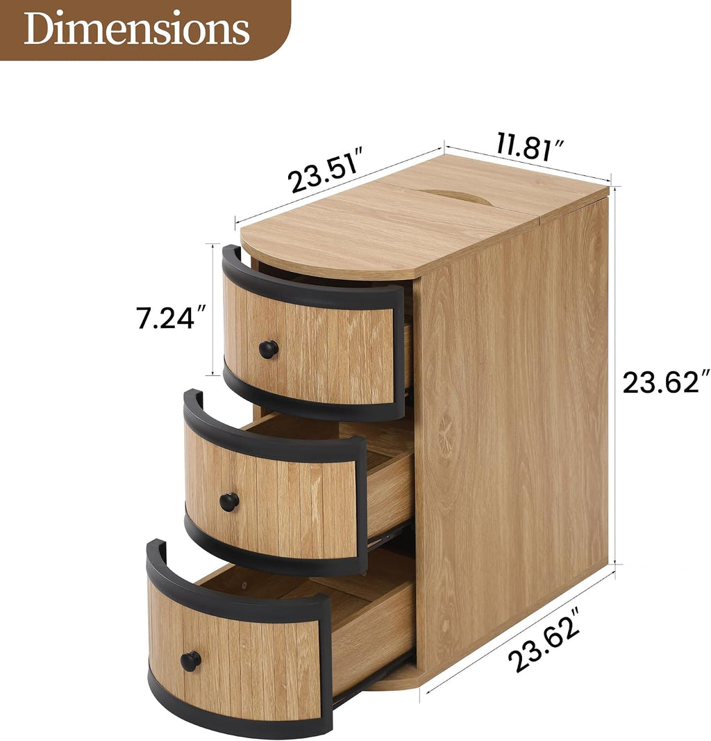 BERRYMERRY Narrow End Table Set of 2 with Charging Station, Modern Slim Nightstand Bedside Table with 3 Drawers for Bedroom Living Room, Natural, 11.81" W x 23.51" D x 23.62" H