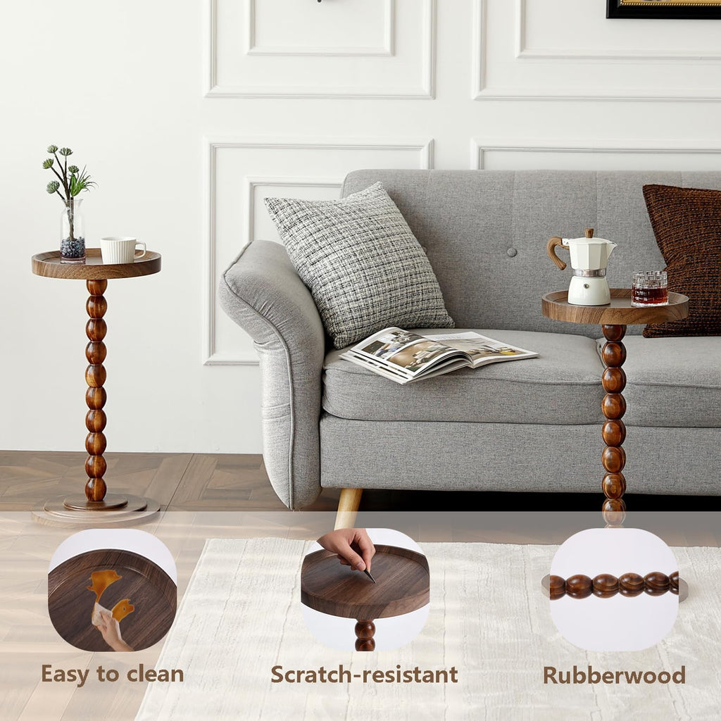 Small Round SideTable, Drink Table Martini Table for Small Spaces, Tall End Table with Solid Wood Leg, Pedestal Side Table for Living Room Sofa Bedroom Bedside (Dark Walnut)