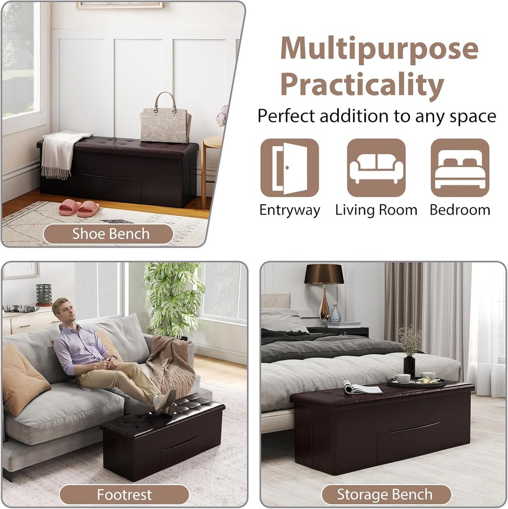 Giantex 43 Inches Folding Storage Ottoman Bench, Upholstered PU Leather Storage Chest with Side Pocket, Padded Seat, End of Bed Bench, Collapsible Ottoman Foot Rest for Living Room, Bedroom & Entryway