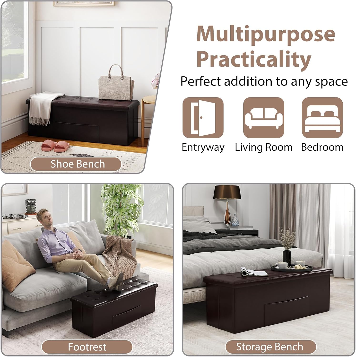 Giantex 43 Inches Folding Storage Ottoman Bench, Upholstered PU Leather Storage Chest with Side Pocket, Padded Seat, End of Bed Bench, Collapsible Ottoman Foot Rest for Living Room, Bedroom & Entryway