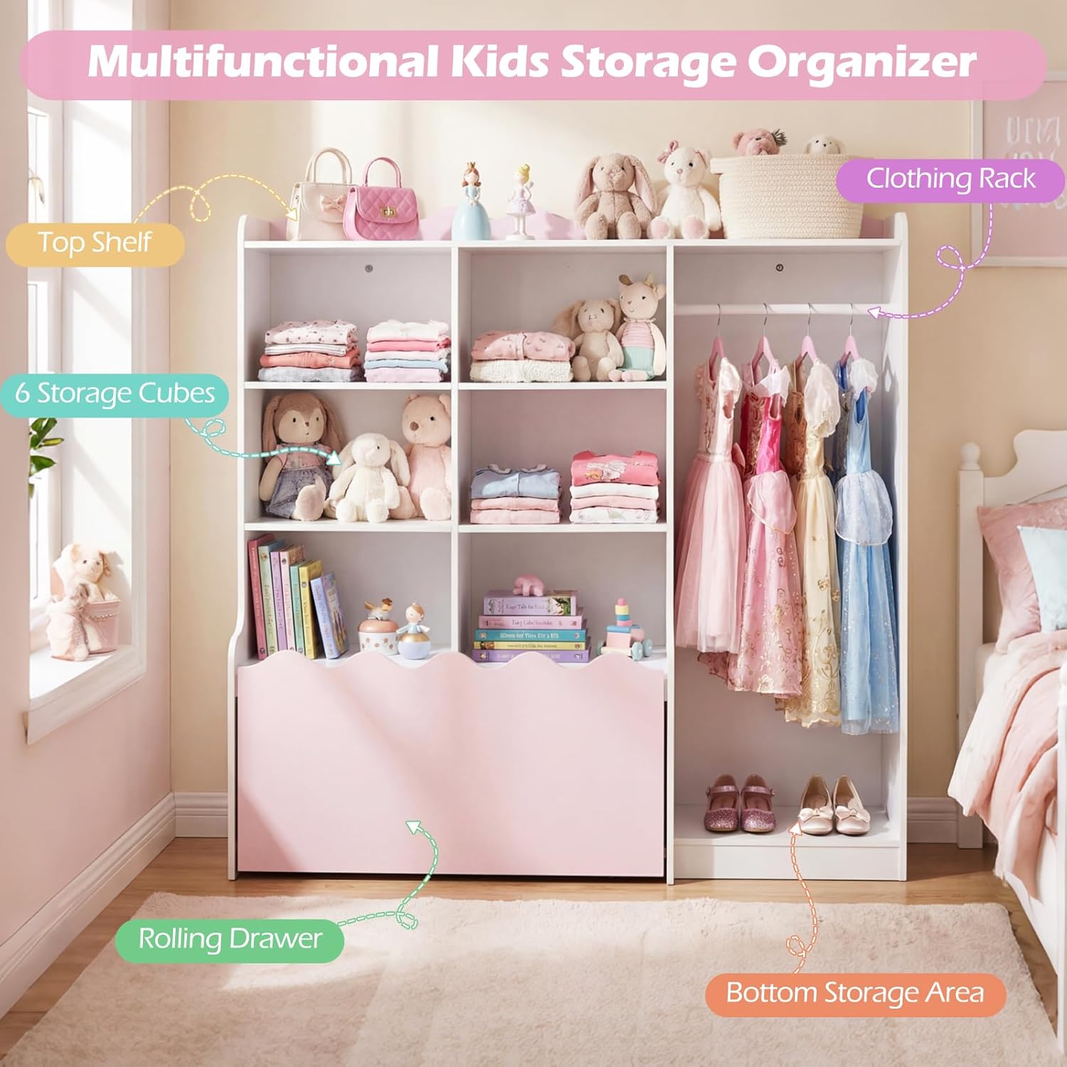 Costzon 2 in 1 Kids Toy Storage Organizer, Dress up Closet Wardrobe w/Clothing Rack, 6 Cubes & Movable Drawer, Multifunctional Kids Bookshelf Storage Chest for Kids Room, Playroom, Nursery