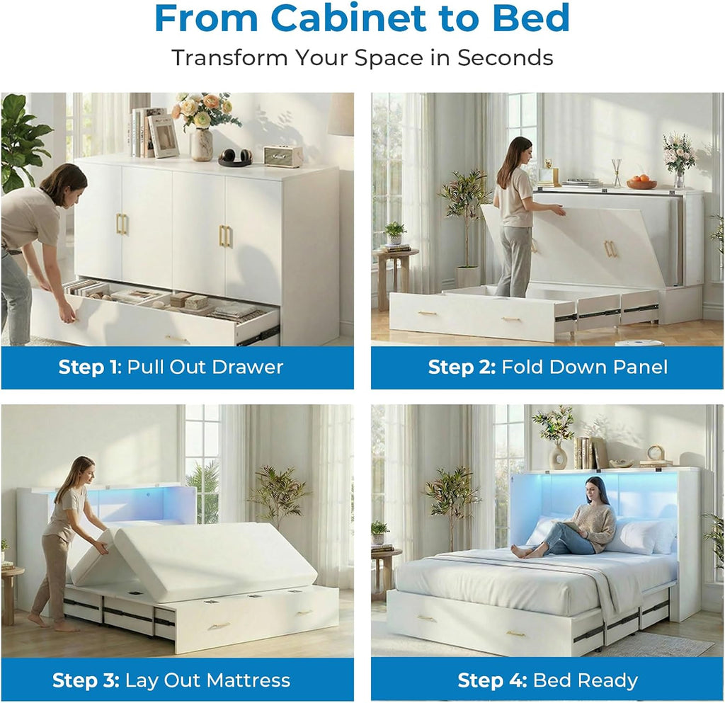 Mjkone 63.4" Width Queen Size Murphy Bed Cabinet with Tri-Folding Mattress Included, Storage Cabinet Murphy Guest Bed Chest Cabinets with 16 Colors of LED Lights for Home Offices Small Space, White