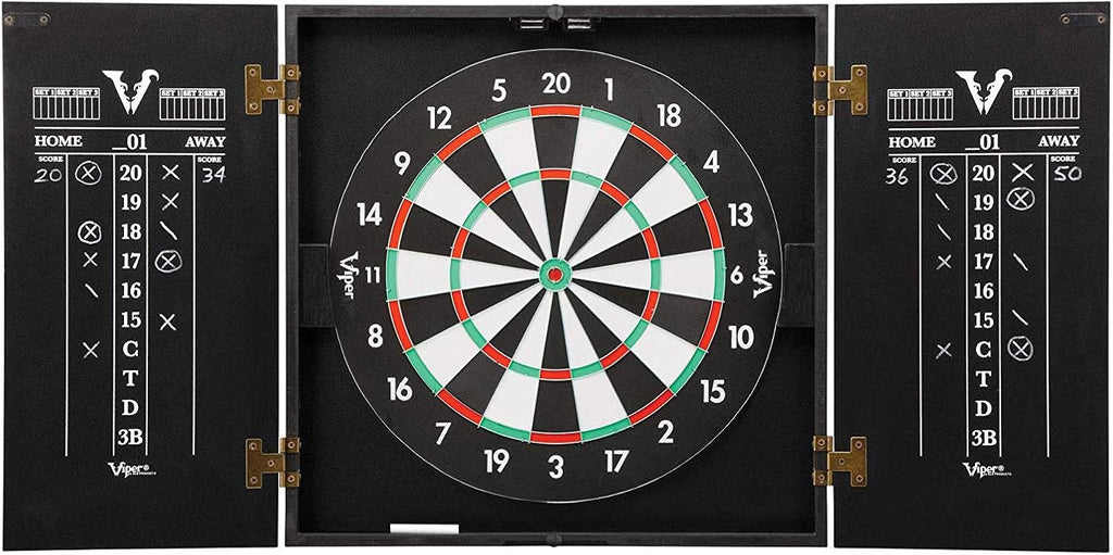 Viper Hideaway Dartboard Cabinet Set with Steel-Tip Dart Board, Reversible Board with Baseball Game Option, Two Sets of Darts, Chalk Scoreboards, and Matte Black Finish