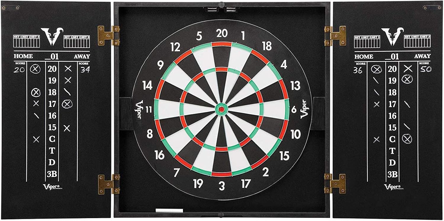 Viper Hideaway Dartboard Cabinet Set with Steel-Tip Dart Board, Reversible Board with Baseball Game Option, Two Sets of Darts, Chalk Scoreboards, and Matte Black Finish