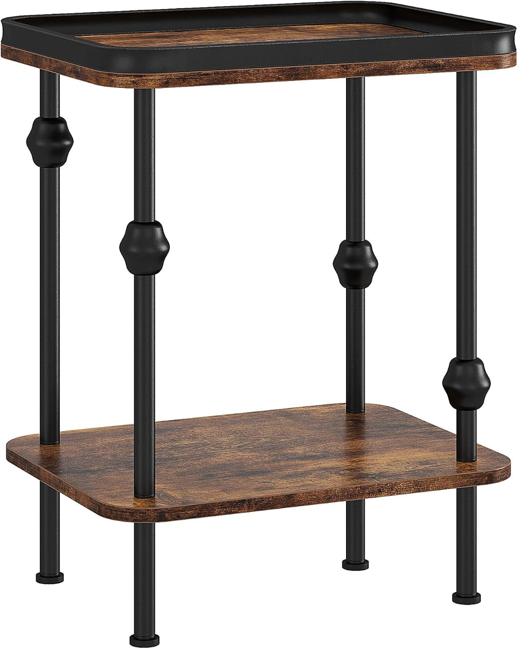 Farmhouse Rectangular Side Table with Storage Shelf,2 Tier End Table with Raised Edge Tray Top, Accent Sofa Table for Small Space, Living Room, Bedroom,Rustic Brown