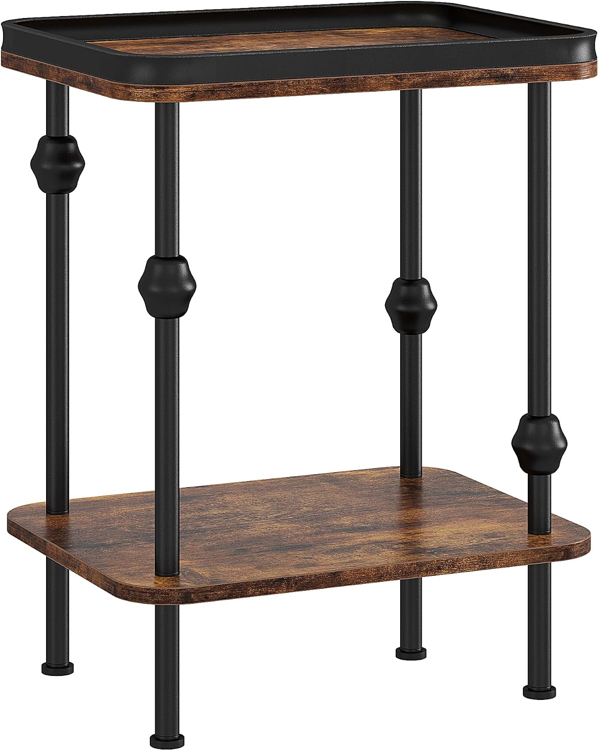 Farmhouse Rectangular Side Table with Storage Shelf,2 Tier End Table with Raised Edge Tray Top, Accent Sofa Table for Small Space, Living Room, Bedroom,Rustic Brown
