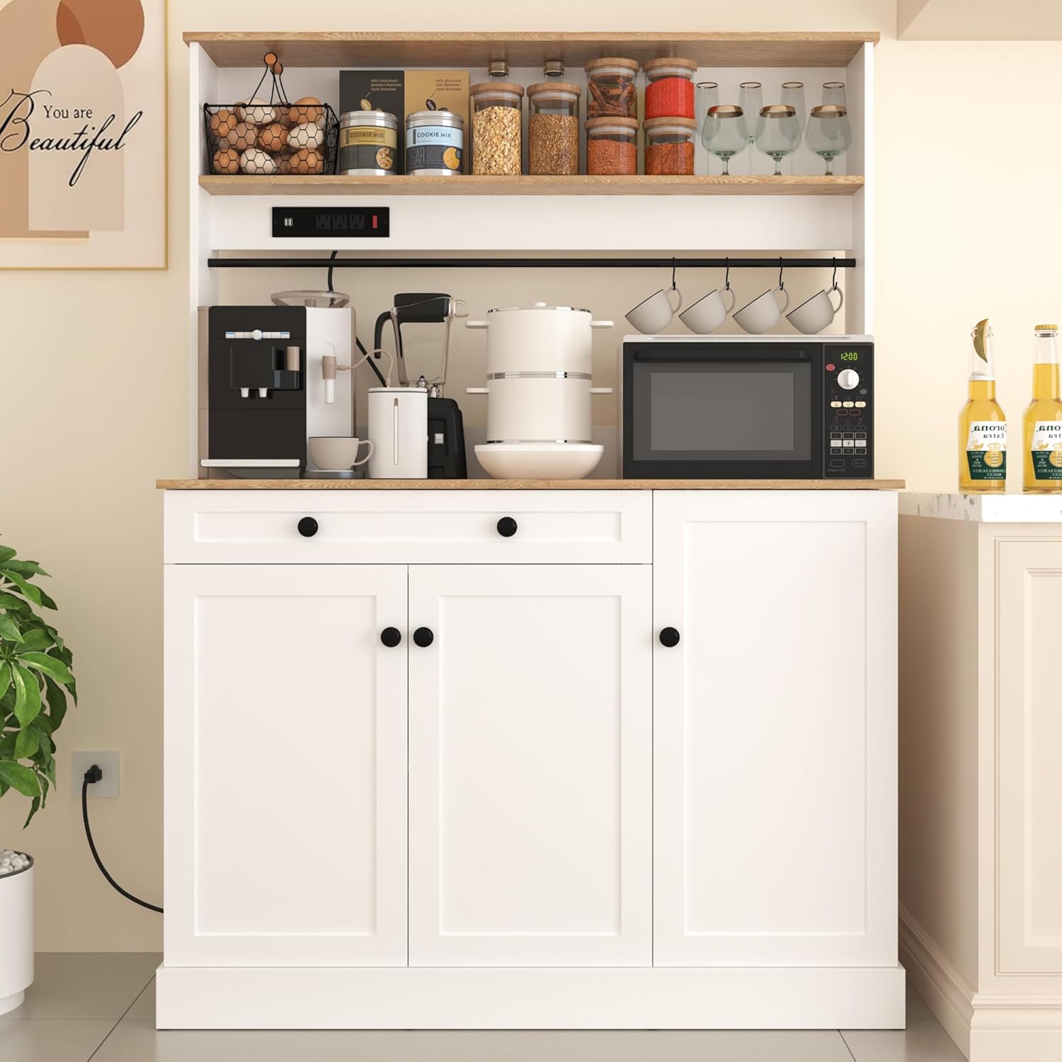 Kitchen Pantry Cabinet,Kitchen Hutch Cabinet with Power Outlets,Doors and Adjustable Shelves,Freestanding Food Pantry with Large Storage Drawer for Dining Room, Living Room