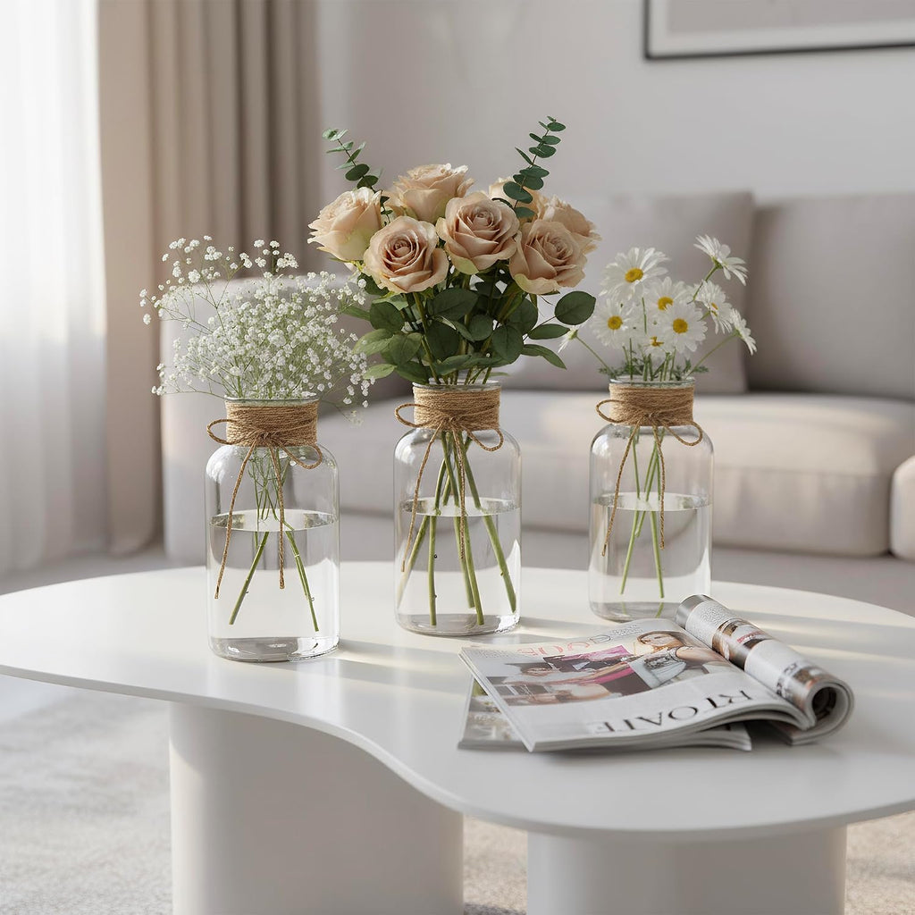 12Pack Mason Jars for Centerpiece Glass Flower Bud Vase Transparent Vases | White Decortive Jar Vintage Farmhouse Bulk for Weddings, Parties, Christmas & Home Decor