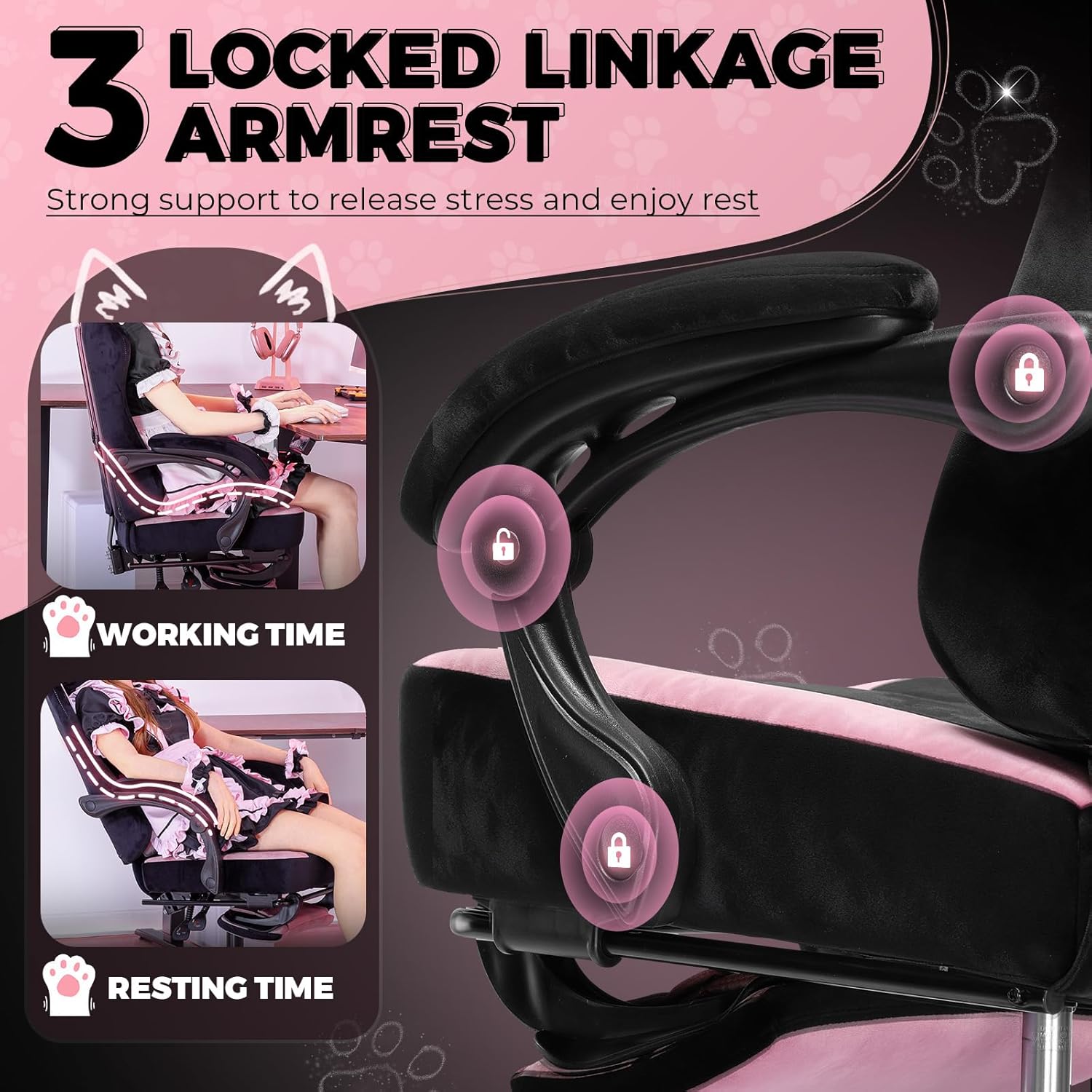 GTPOFFICE Cute Gaming Chair with Cat Ears,Ergonomic Computer Chair with Footrest Cat Paw Lumbar Support Comfortable Reclining Game Chair Desk Chair for Adult Teens, Soft Fabric, Pink Black