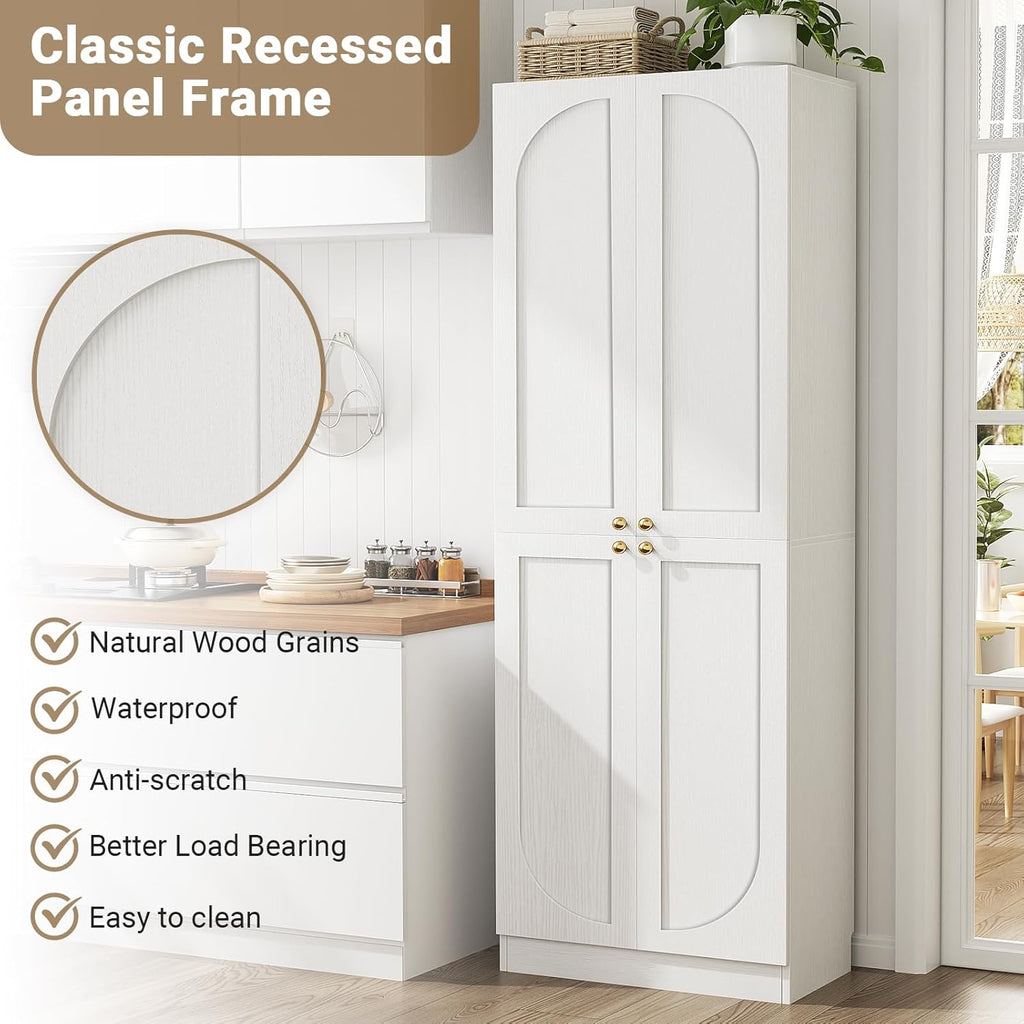 Cyclysio 80" Kitchen Pantry, Extra Tall Arch Storage Cabinet with 4 Soft Close Doors and Adjustable Shelves, Freestanding Wood Cupboard with Seamless Fit Wall for Dining Living Room Bathroom Furniture