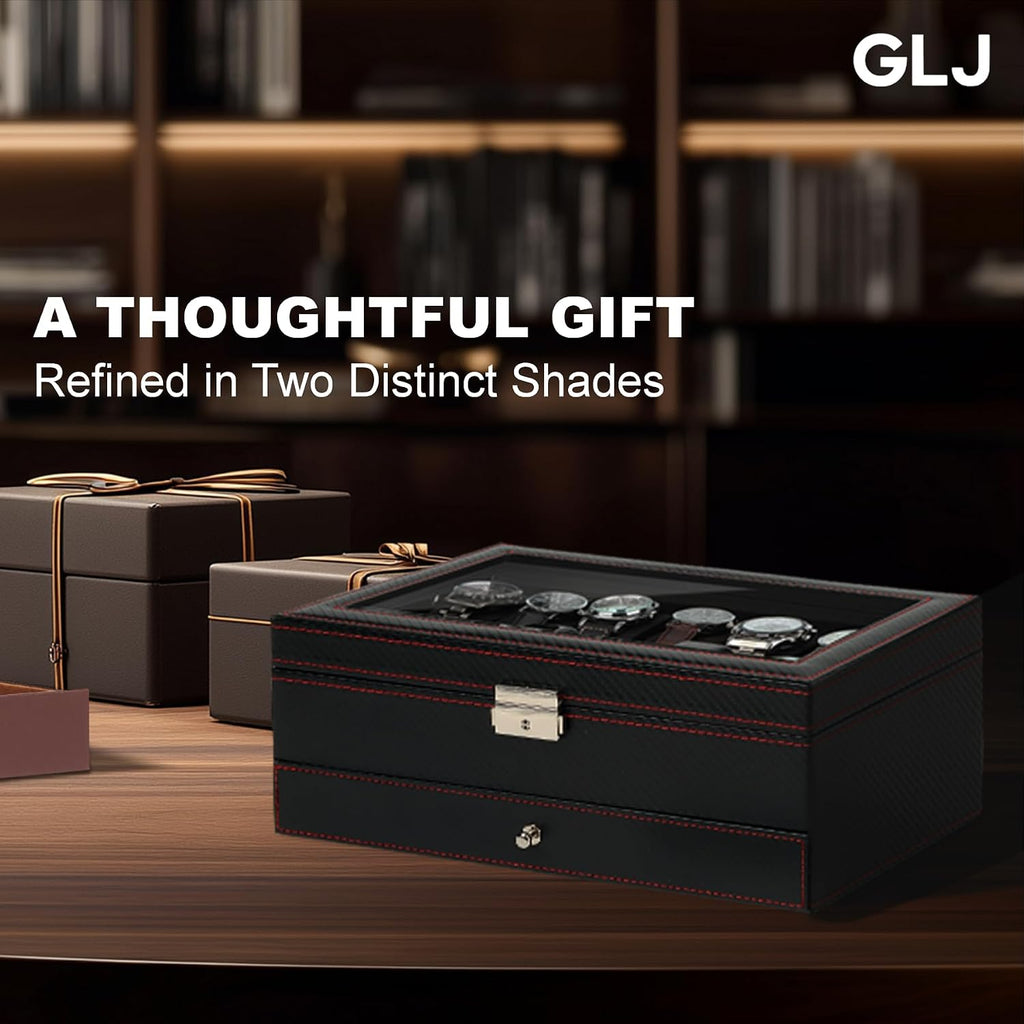 Watch Box for Men, 12 Slot Watch Case, Men's Jewelry Box With Drawer, Man Jewelry Accessory Organizer Case with Large Window, 2-Layer Watch Holder, PU Leather, Fathers Day Gift for Dad