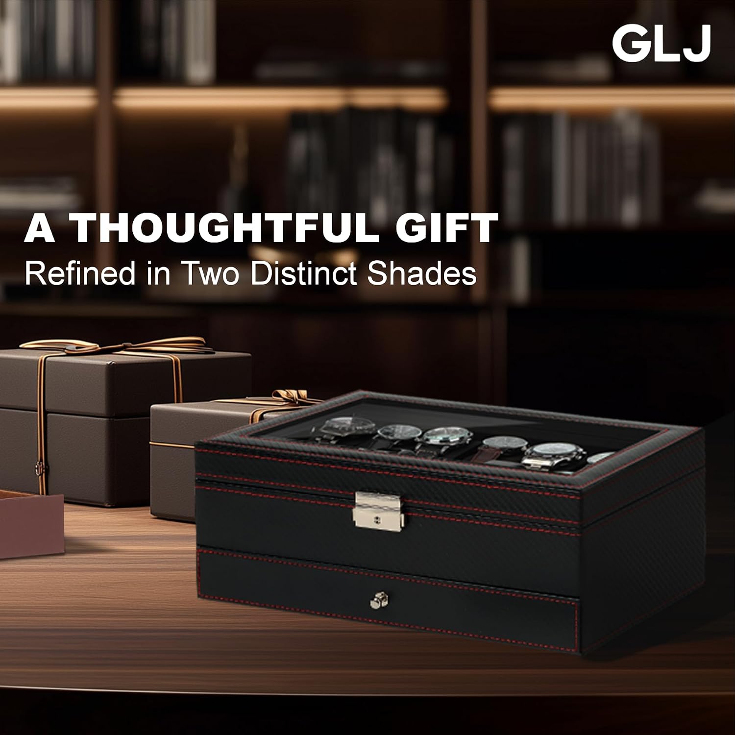 Watch Box for Men, 12 Slot Watch Case, Men's Jewelry Box With Drawer, Man Jewelry Accessory Organizer Case with Large Window, 2-Layer Watch Holder, PU Leather, Fathers Day Gift for Dad