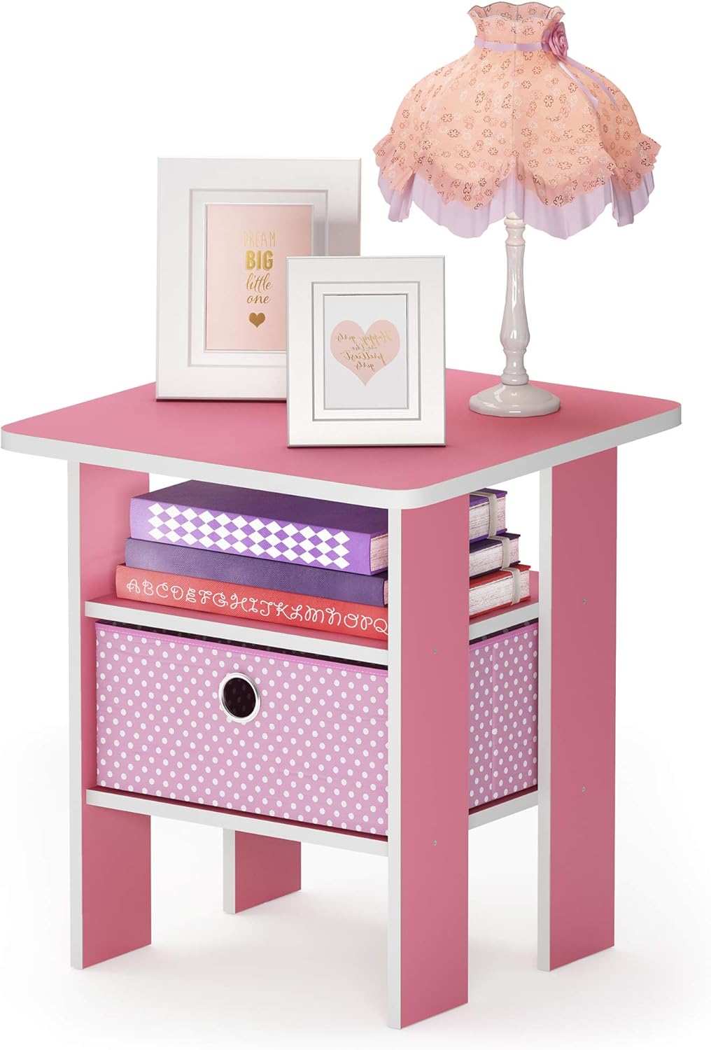 Furinno Andrey Side Table with Bin Drawer, Pink End Table with Open Shelves, Night Stand, Bedside Table, for Living Room, Bedroom, Pink